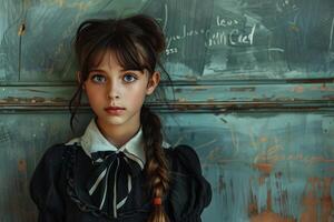 Portrait of a young girl with a braid in a vintage school uniform in front of a blackboard photo