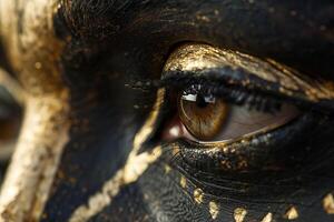 Closeup of a golden painted eye with textured skin photo