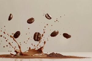 Dynamic coffee splash with beans in midair photo