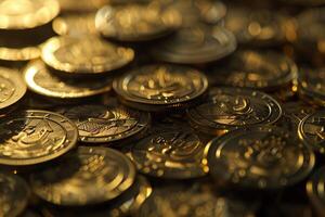 Closeup of shimmering gold coins creating a luxurious bokeh effect photo