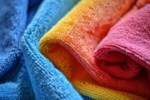 Macro shot of rolled, multicolored cotton towels with a focus on texture photo