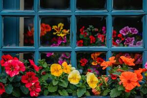 Bright flowers bloom in a window planter box, adding charm to a blue windowpane background photo
