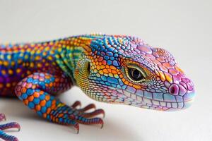 Vivid closeup image of a lizard with a multicolored painted texture photo