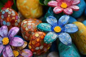 Colorful painted rocks and flowers craft photo