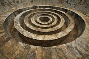 Majestic ancient circular stepwell, with symmetrical step pattern, historical site photo