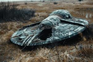 Abandoned spaceship in desolate field photo
