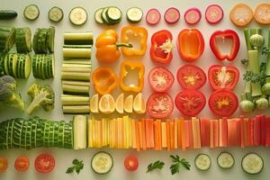 Colorful array of fresh sliced vegetables flat lay photo