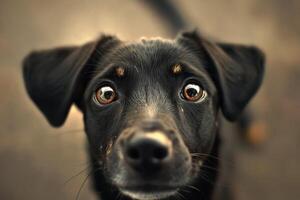 Intimate portrait of a curious puppy with soulful eyes in a warm, blurred background photo