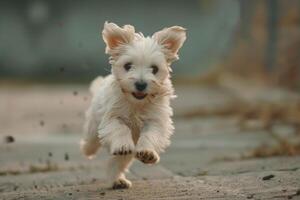 Playful white puppy enjoys a run in a natural setting, with its ears flapping in the wind photo