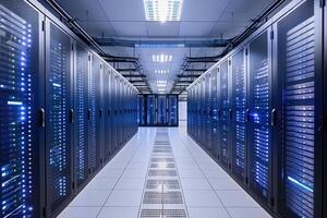 Modern data center with rows of server racks photo
