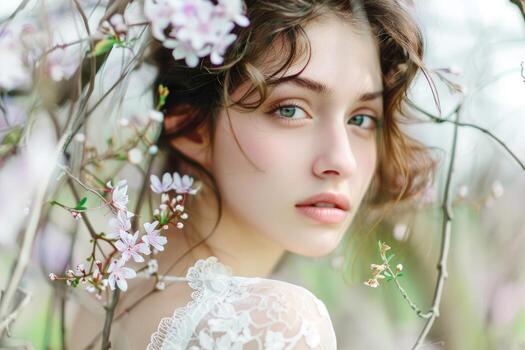 etéreo mujer en medio de primavera flores foto