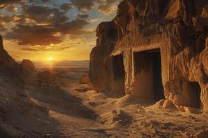 Warm sunset illuminates ancient ruins in a serene desert landscape photo