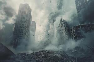Dramatic image depicting a city under apocalyptic destruction with debris and buildings collapsing photo