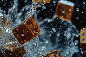 Closeup of dice with numbers splashing into water, capturing dynamic movement and droplets photo