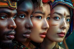 Unity in diversity, multicultural group closeup photo