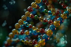 Macro shot of a vibrant, spiraling string of multicolored beads with a bokeh background photo
