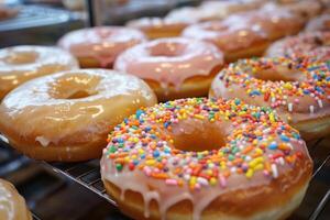 Assorted glazed donuts with colorful sprinkles on display photo