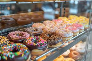 Assorted donuts on display in bakery case photo