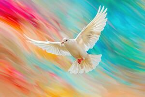 Graceful dove in flight against colorful abstract background photo