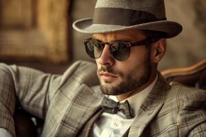 Retro styled man in fedora and sunglasses photo