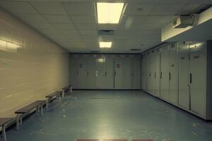 Empty school hallway with lockers and benches photo