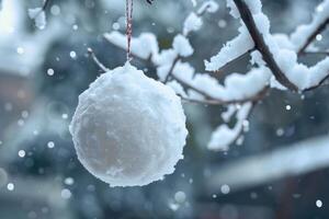 Winter wonderland, snowball hanging on tree branch photo
