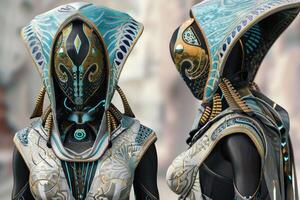 Closeup of a conceptual robotic knight with intricate armor design and hightech aesthetics photo