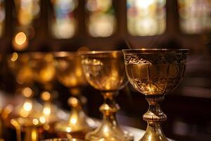 Golden chalices in soft lit chapel photo
