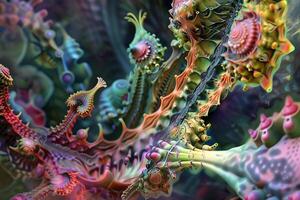 Vibrant and intricate digital fractal landscape with surreal abstract patterns photo