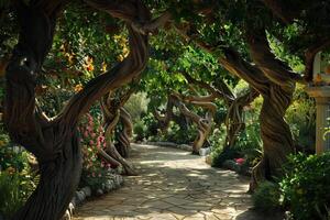 Mystical pathway bordered by twisted trees in a lush, blooming garden photo