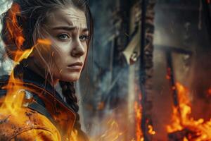 Firefighter in action, intense gaze against fiery backdrop photo