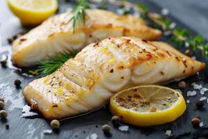 Grilled cod fillets with lemon and herbs photo