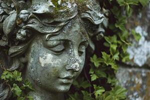 Enigmatic stone statue face in garden photo
