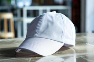 White baseball cap on a marble surface photo
