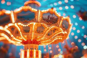Glowing carousel lights capture the magic of an amusement park at twilight photo