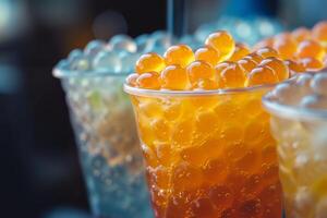 Macro shot of colorful tapioca pearls in a bubble tea, vibrant and appetizing photo