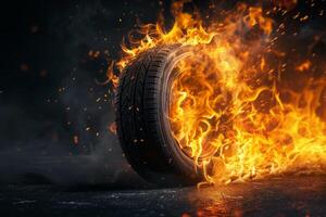 Burning car tire with intense flames on dark background photo