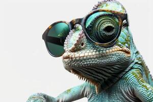 A chameleon posing with stylish sunglasses on a white background photo