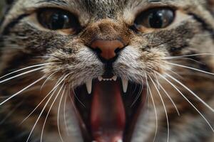 Closeup of a fierce tabby cat hissing photo