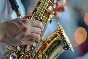 Saxophonist hands closeup with bokeh background photo