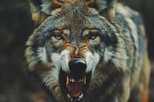 Intense wolf portrait with open jaws photo