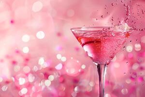 Sparkling cocktail splash on pink bokeh background photo