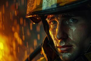 Closeup of a dedicated firefighter's face against flames and falling water droplets photo