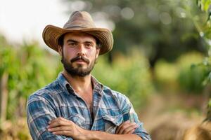 Confident farmer with straw hat in orchard photo