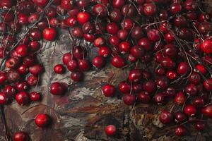 Scattered cranberries on rustic surface photo