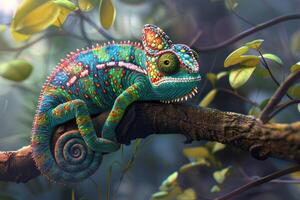 Vibrant chameleon on a branch in natural habitat photo