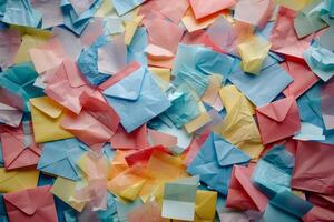 Colorful paper envelopes array on textured background photo