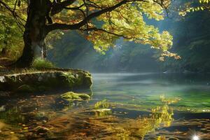 Enchanted autumn forest by tranquil lake photo