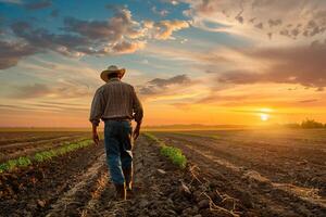 Farmer walking through fields at sunset photo