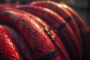 Red fire hoses with water droplets close up photo